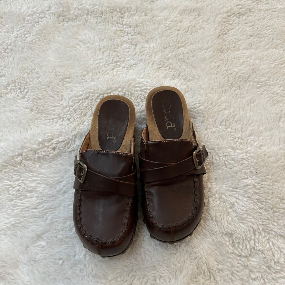 Mudd Mules 5M Brown Leather Square Toe Clogs Slide Chunky Platform Heels 90s Y2K
